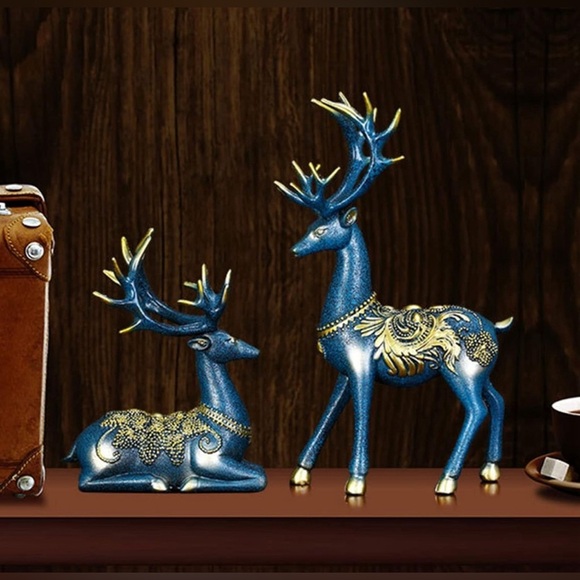 2 Pc Elk Deer Blue Holiday Decor Statues - Picture 1 of 12